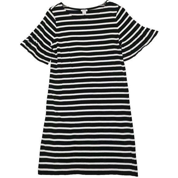 J. Crew ~Woman Size M~ Black/White Striped Knit Bell Sleeve Shift Dress Casual. - Picture 1 of 9